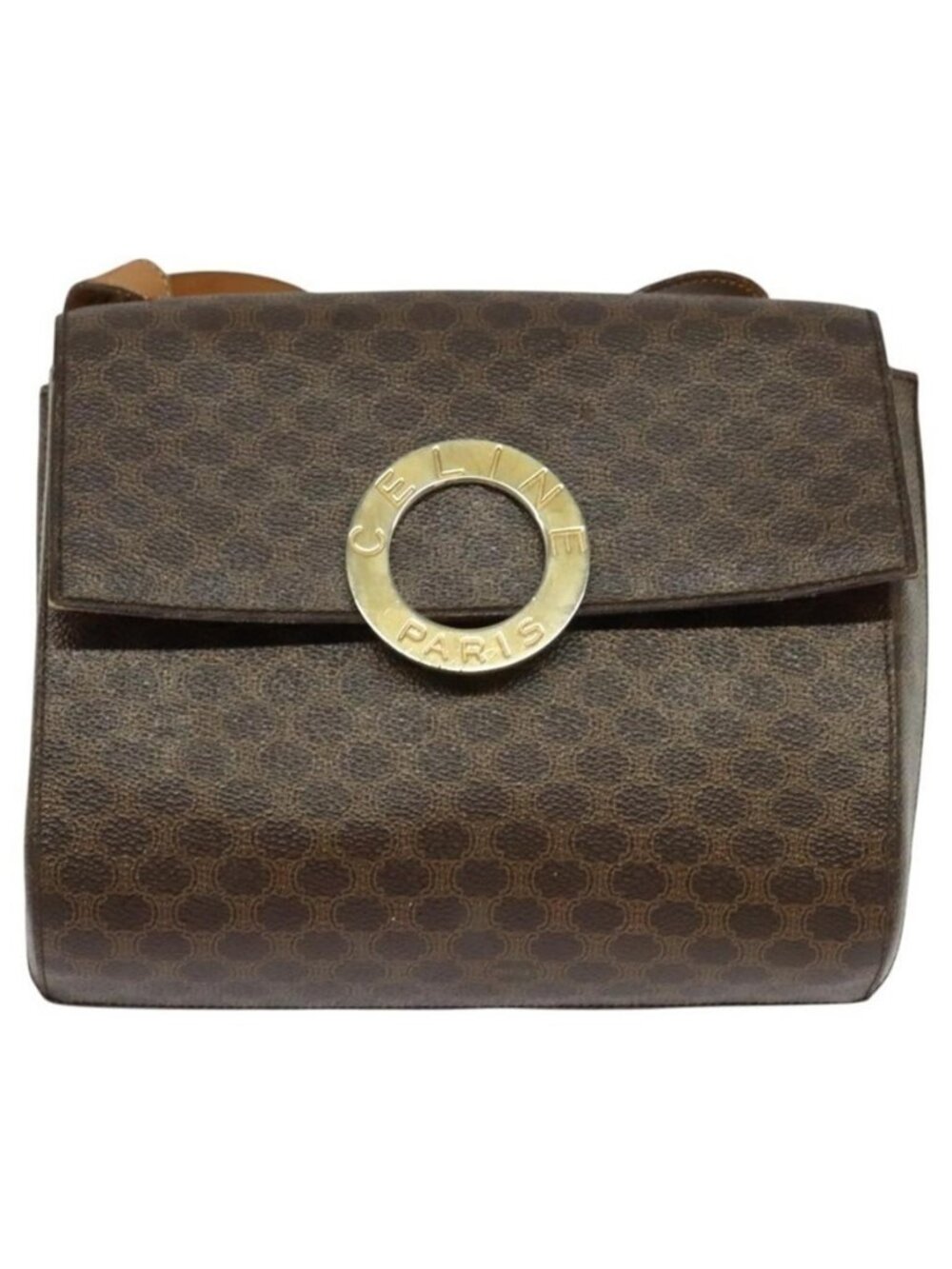 Authentic CELINE Macadam Canvas Circle Shoulder Bag PVC Leather Brown Gold - Picture 6 of 16
